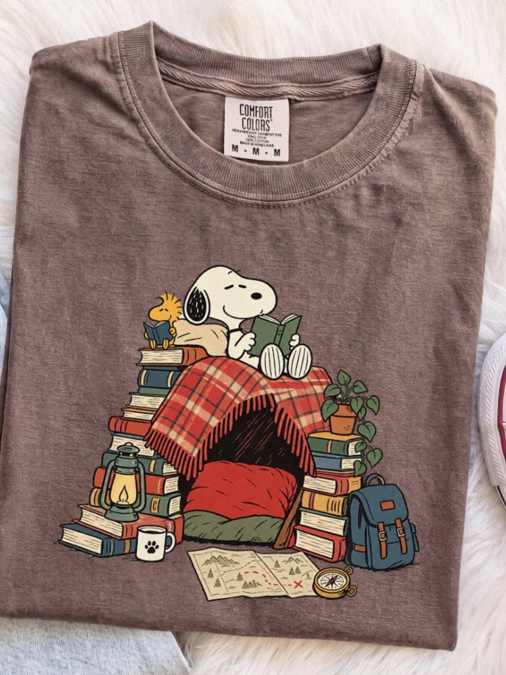 Comfort Colors Peanuts Snoopy Books Reading Camping Tent Lantern Map T-Shirt
